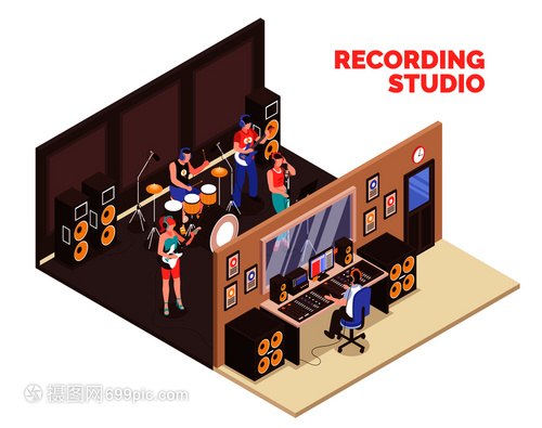 樂隊演奏樂器唱歌錄音室三維等距矢量插圖